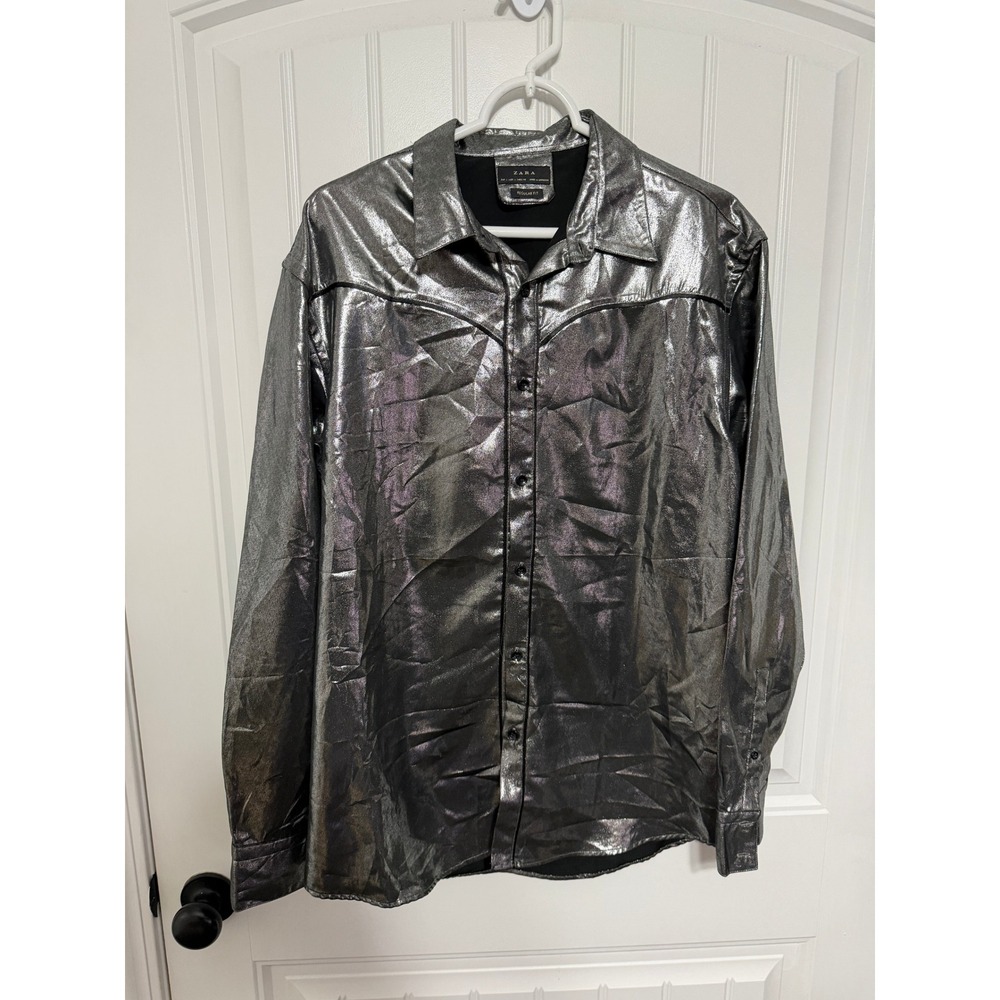 Zara Button Down Shirt Mens Large Regular Fit Metallic Silver Western EUC
